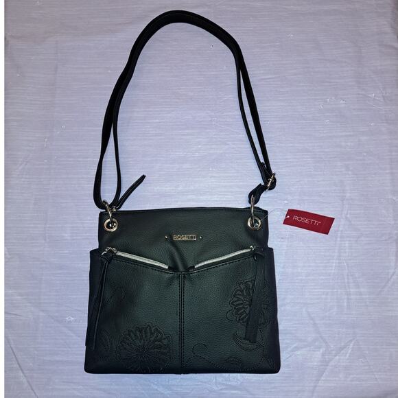 Rosetti Black Floral Stitched Crossbody Bag Double Zipper Adjustable Strap - Picture 5 of 13